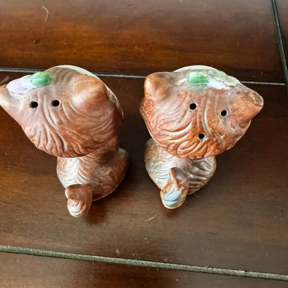 VTG Kitten Cat Anthropomorphic  Salt Pepper Shakers Stoppers MCM Bow Flower - Picture 9 of 13